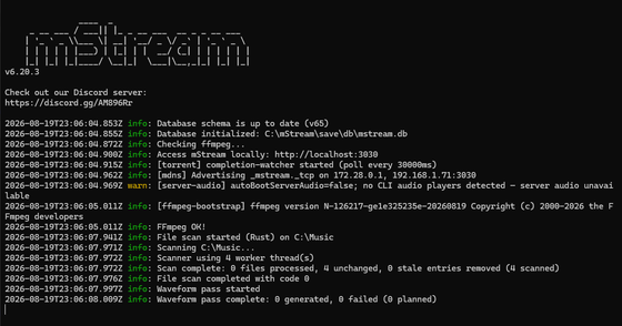 A terminal running mstream-server: the mStream logo, version 6.20.1, and the boot log — database check, "Access mStream locally: http://localhost:3030", library scan, waveform pass