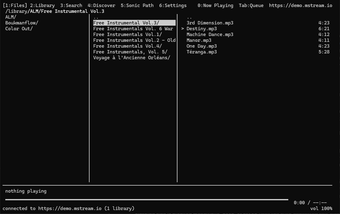 mstream-player: the file browser as Miller columns — libraries, an artist's albums, and an album's tracks