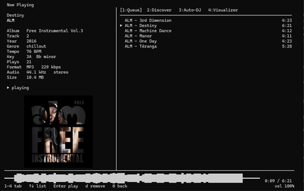 mstream-player in a terminal: Now Playing with the album cover and queue
