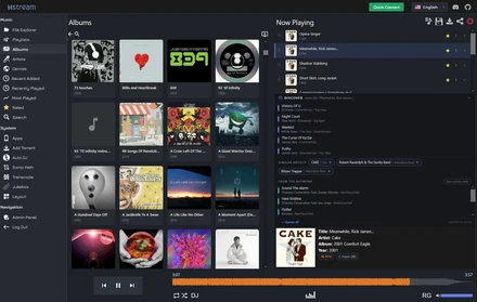 mStream web app: album library, the Now Playing queue, and the Discover panel with recommendations